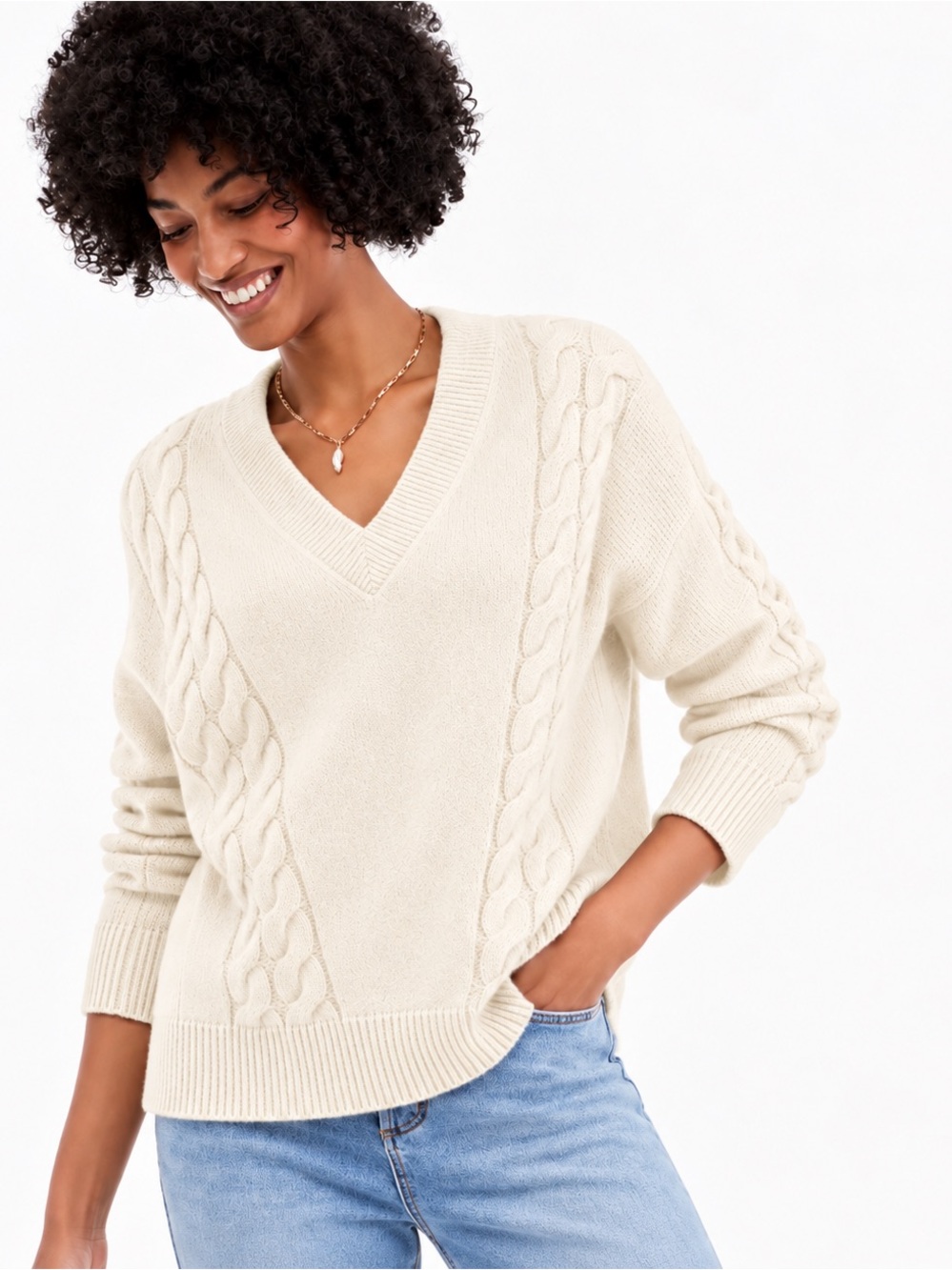 Charter Club Soft Cream 100% Cashmere Cable-Knit V-Neck Sweater Size XL